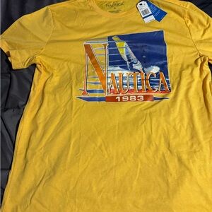 Nautica Bright Yellow Graphic Crewneck Tee with Blue & Orange Logo